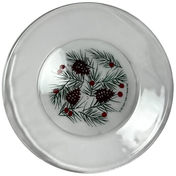 90s Christmas Evergreen Pine Cone Red Berry Clear Glass Serving Plate - Picture 12 of 16